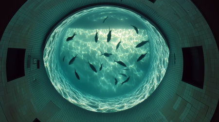 Fish swimming in a circular pool with sunlight reflecting off the water surfaceの素材
