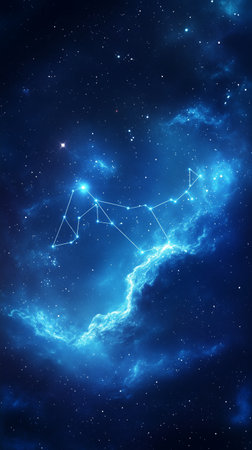 Bright stars form constellations in a deep blue cosmic background with swirling nebulae and sparkling dustの素材