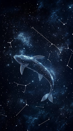 A glowing fish swims through a starry night sky with constellations in the backdropの素材