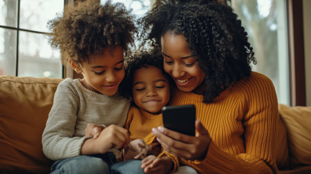 A mother and her two children enjoy time together while looking at a smartphone in a cozy living roomの素材