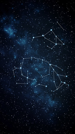 Night sky filled with constellations and stars over a vast dark backdropの素材