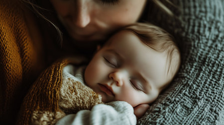 A cozy moment between a mother and her sleeping baby indoors during winterの素材