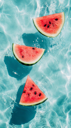 Fresh watermelon slices floating on clear blue water during a sunny summer dayの素材