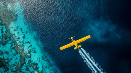 Aerial view of a yellow seaplane flying over crystal clear turquoise waters and coral reefs during bright daylightの素材