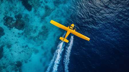 Aerial view of a vibrant yellow seaplane flying over clear blue ocean waters near coral reefs during daylightの素材