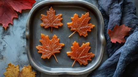 Autumn maple leaf candies displayed on a silver platter with colorful leaves in a cozy settingの素材