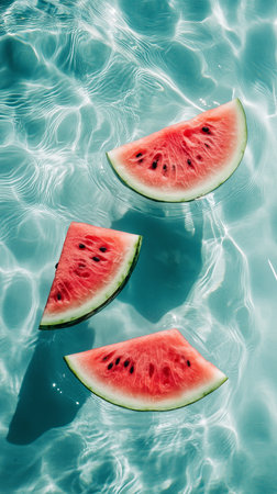 Watermelon slices floating in a turquoise pool on a sunny dayの素材