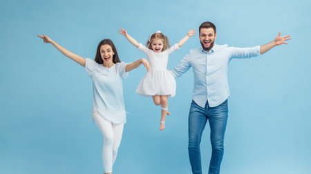A joyful family celebrates together with a little girl jumping in the air in a light blue studio backdrop during a fun afternoon activityの素材