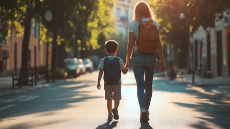 A mother and son enjoy a leisurely walk together on a sunny afternoon along a quiet city street surrounded by vibrant treesの素材