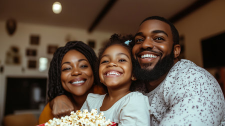 A joyful family enjoys a cozy movie night at home, sharing popcorn and smiles in a warm atmosphere during the evening hoursの素材