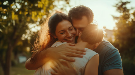 A warm afternoon embrace between friends in a sunlit park surrounded by greenery, capturing the joy of connection and friendship in a serene outdoor settingの素材