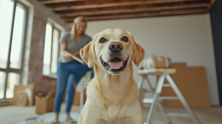 A happy golden retriever in a bright, partially renovated living room as its owner organizes moving boxes during a home makeover in the daytimeの素材