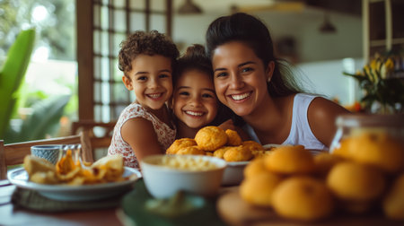 Family enjoying homemade pastries and snacks together at a bright dining table in a cozy kitchen during a sunny afternoonの素材