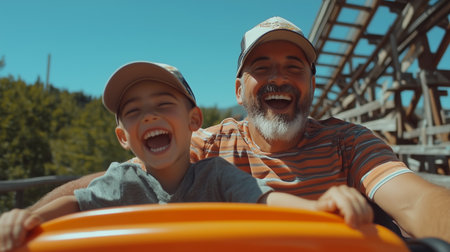 A joyful ride on a roller coaster with a child and grandfather at an amusement park on a sunny day, filled with laughter and excitementの素材