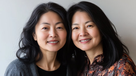 Two women with dark hair smile warmly at the camera while standing close together in a softly lit indoor setting, showcasing their genuine friendship and connectionの素材