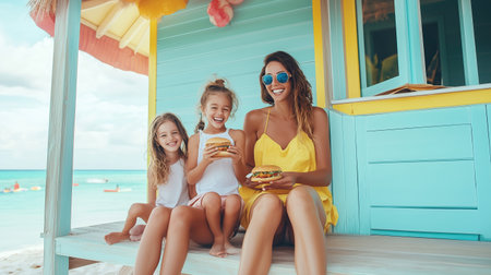 A woman and two young girls enjoy burgers while sitting on a beachside porch at a tropical location during a sunny dayの素材