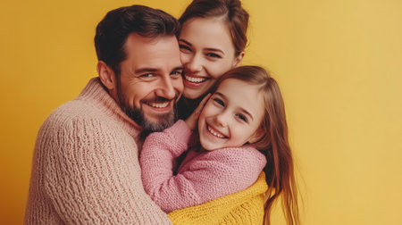 A happy family shares a joyful moment together, embracing each other against a bright yellow background during a cozy indoor day, showcasing love and connectionの素材