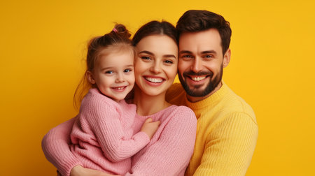 A happy family of three smiles together against a vibrant yellow backdrop, showcasing their love and joy during a cheerful indoor momentの素材