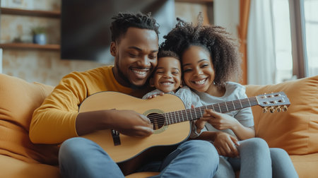 A joyful family enjoys music together while sitting on a cozy couch in their living room during the afternoon, creating moments filled with laughter and harmonyの素材
