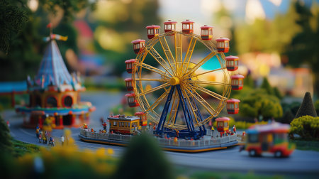 A colorful miniature amusement park featuring a large Ferris wheel surrounded by tiny rides, trees, and attractions during a sunny dayの素材