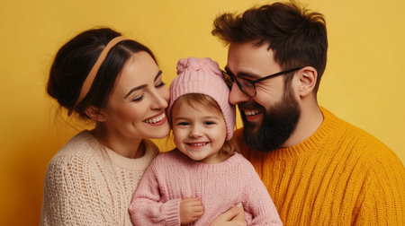 A joyful family portrait featuring a smiling couple and their daughter, embracing each other against a bright yellow background during a cozy indoor momentの素材