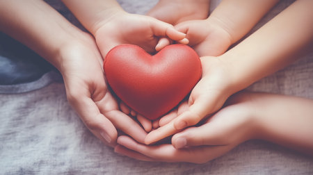 Hands of different sizes gently holding a red heart-shaped object, symbolizing love and unity among family members in a cozy indoor settingの素材