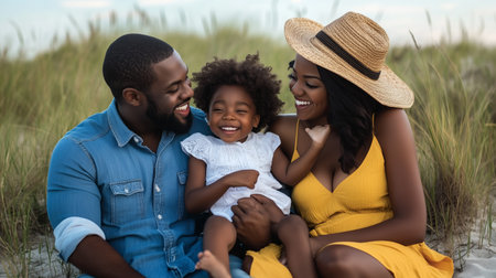 A joyful family enjoying a sunny day at the beach, sitting together on the sand while the child laughs and plays with parents during golden hourの素材