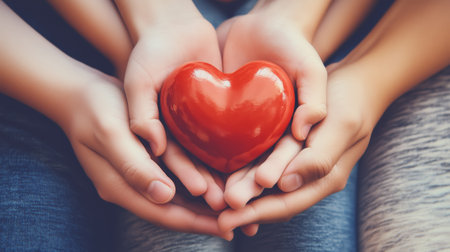 Group of hands holding a red heart symbolizing love and unity among friends during a sunny afternoon outdoorsの素材