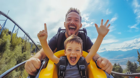 Father and son enjoying a thrilling roller coaster ride at an amusement park on a sunny day with vibrant blue skies in the backgroundの素材