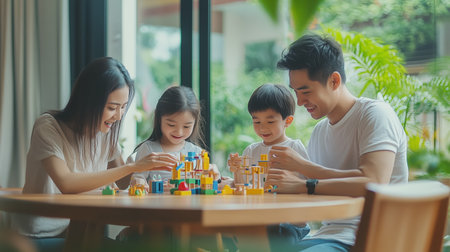 A family enjoys quality time building with colorful blocks at home on a sunny afternoon surrounded by greeneryの素材