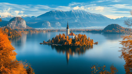 A picturesque view of Lake Bled in Slovenia during autumn with vibrant foliage surrounding the island and church, against a backdrop of majestic mountainsの素材