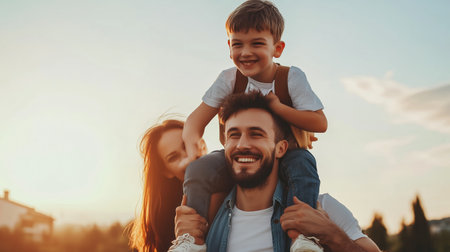 Family enjoying a joyful moment outdoors at sunset with a child on the fathers shoulders in a warm, loving atmosphereの素材