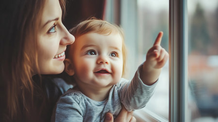 Mother and baby share a joyful moment while looking out the window on a sunny day in a cozy home settingの素材