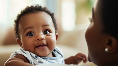 A joyful moment between a mother and her smiling baby in a cozy living room setting during the afternoonの素材