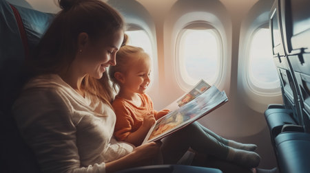 A mother and child enjoying story time together while flying on an airplane near a window during daylight hoursの素材