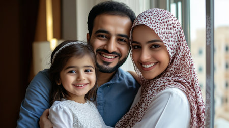 Happy family posing together by the window in a cozy living room during a bright, sunny dayの素材
