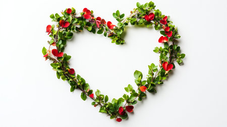 Heart-shaped arrangement of green leaves and red flowers on a white background, perfect for Valentines Day or romantic themesの素材