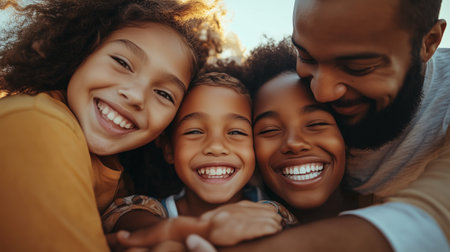 Joyful family embracing each other outdoors during sunset, capturing laughter and warmth in a delightful moment togetherの素材