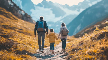 Family hiking through a picturesque mountain landscape during golden hour with stunning peaks in the backgroundの素材