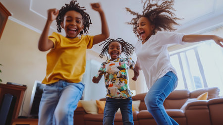 Children having fun indoors while dancing and playing joyfully in a cozy living room during a sunny afternoonの素材
