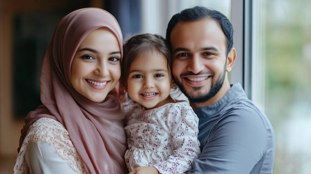 Happy family with a young girl posing together indoors during a sunny afternoon, showcasing their joyful bond and smilesの素材