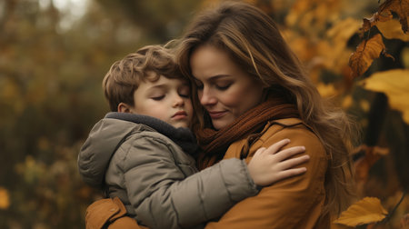A mother embraces her son in a warm autumn forest surrounded by vibrant fall foliage during a peaceful afternoonの素材