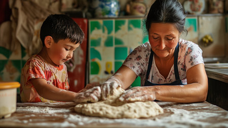 A grandmother teaches her grandson to knead dough in a cozy kitchen filled with colorful tiles during the afternoonの素材