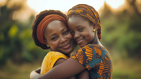 A mother and daughter share a warm embrace in a lush green setting during golden hour in a vibrant, colorful attireの素材