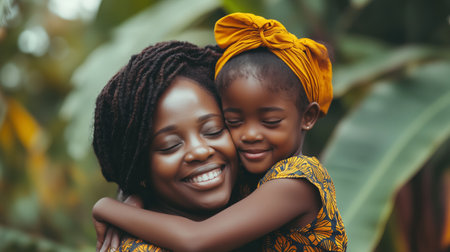 A joyful mother embraces her daughter in a lush garden, capturing love and warmth during a sunny afternoon strollの素材