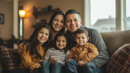 A family of five smiles together in a cozy living room during a family gathering in autumnの素材