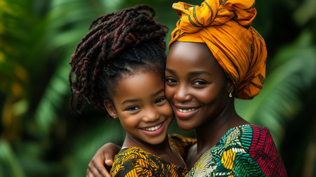 Mother and daughter smiling together in vibrant traditional clothing surrounded by lush greenery during a sunny dayの素材