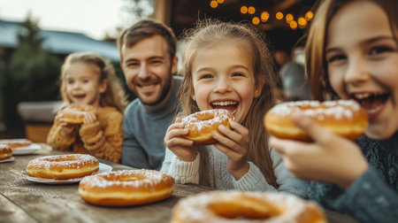 Family enjoying freshly glazed donuts outdoors in a cozy setting during autumn afternoonの素材