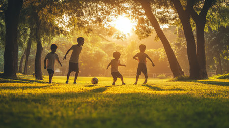 Children play soccer at sunset in a park surrounded by trees, enjoying a warm evening in the golden light of natureの素材