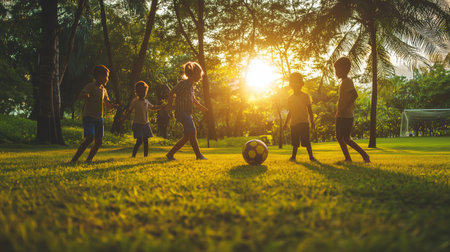 Children playing soccer on a grassy field during sunset in a vibrant park surrounded by treesの素材